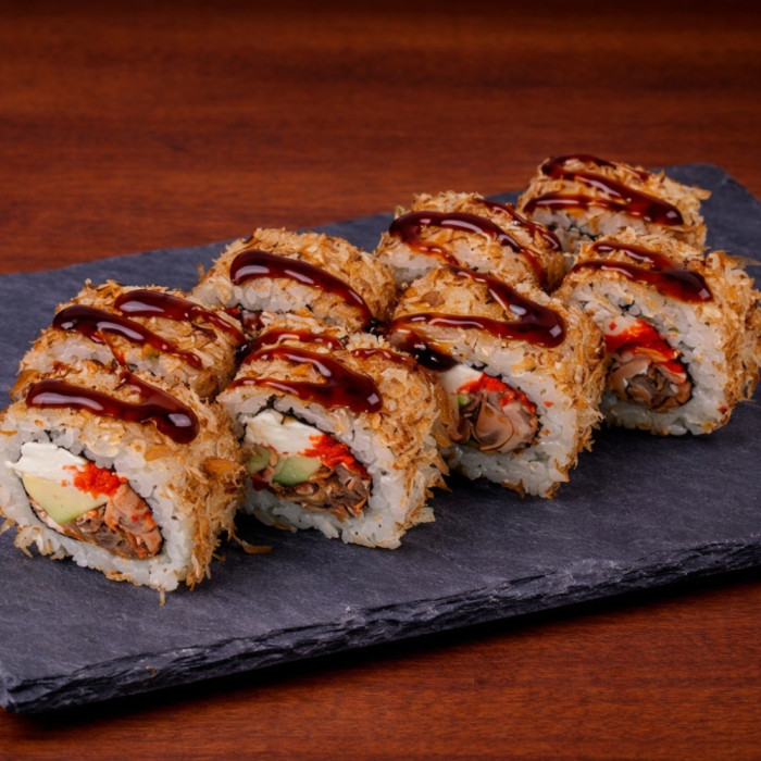 Bonito with fried salmon.